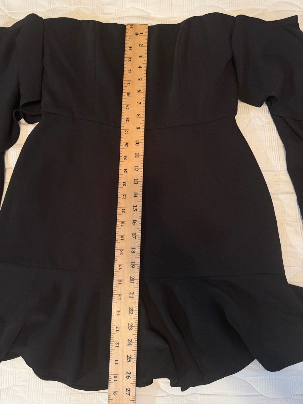 BCBGMAXAZRIA Simone Off-Shoulder Bell Sleeve Peplum Hem Mini Dress Black Size 10 - Picture 9 of 13